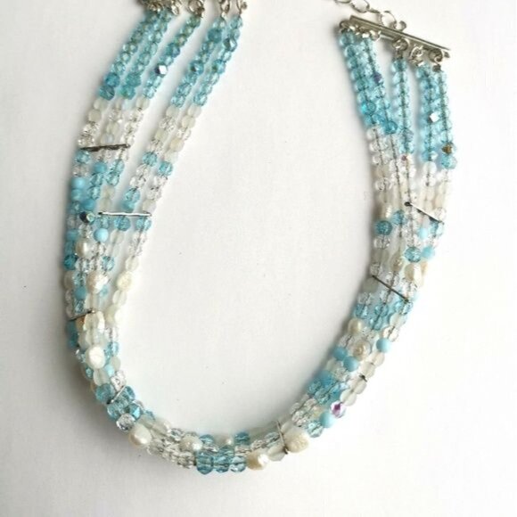 CUSTOM made choker necklace blue crystal white freshwater pearl - Picture 2 of 6